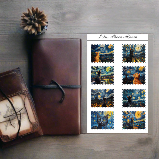 Night Sky Kitties Postage Stamp Style