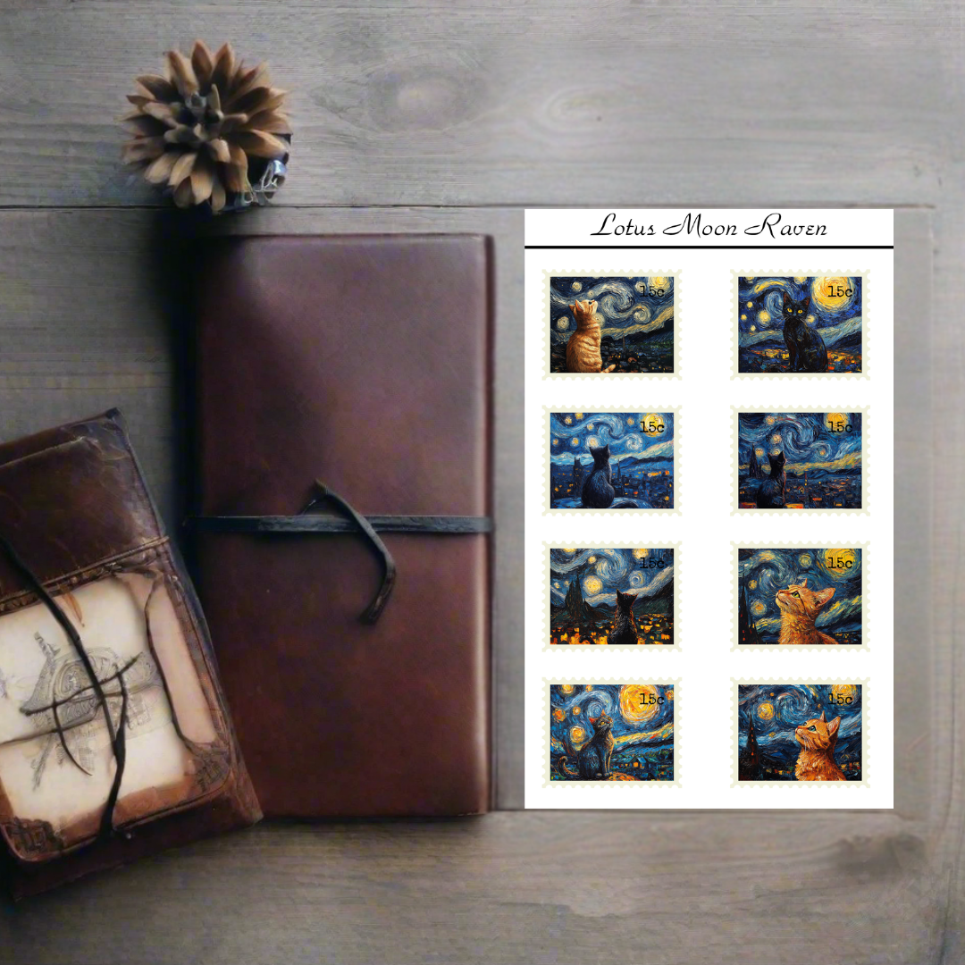 Night Sky Kitties Postage Stamp Style