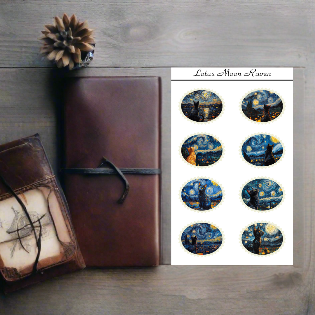 Night Sky Kitties Postage Stamp Style